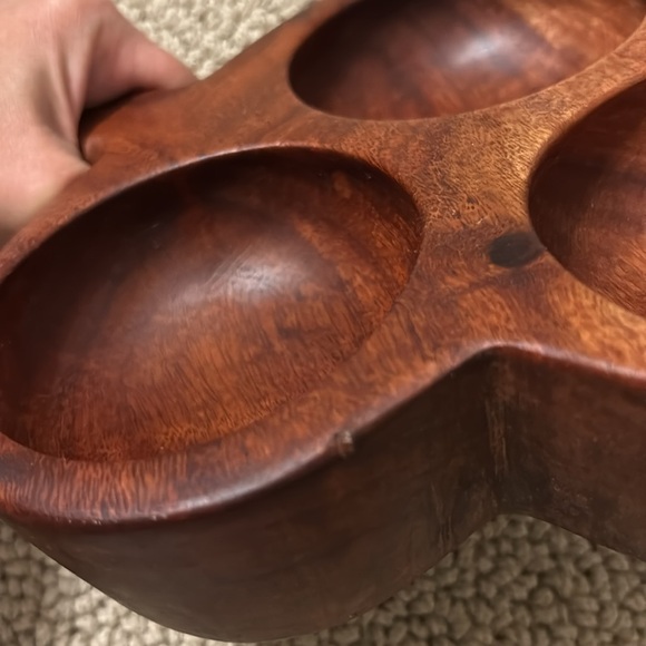 Vintage Hand Carved Solid Wooden Bowl Clover Shaped Three Divided Compartments - Picture 5 of 5